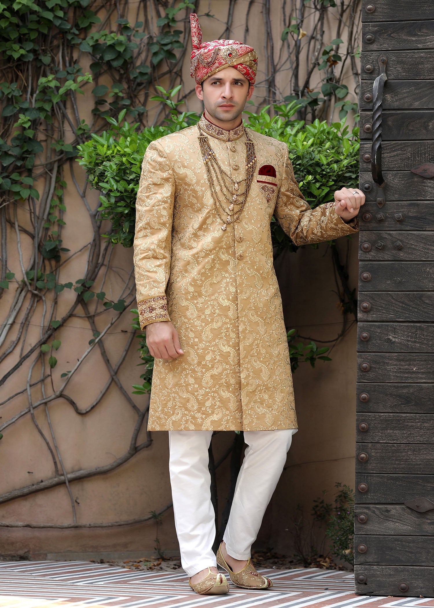 Gold Hand-Embroidered Jamawar Groom Sherwani (4-Piece) - Image 1