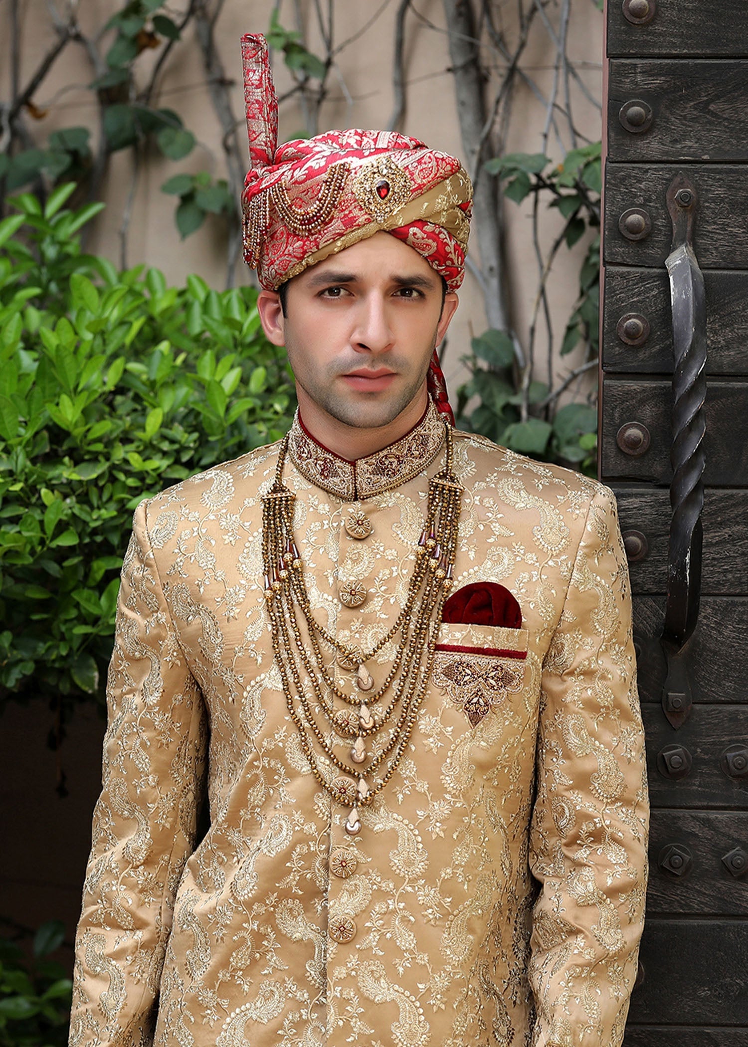 Gold Hand-Embroidered Jamawar Groom Sherwani (4-Piece) - Image 2