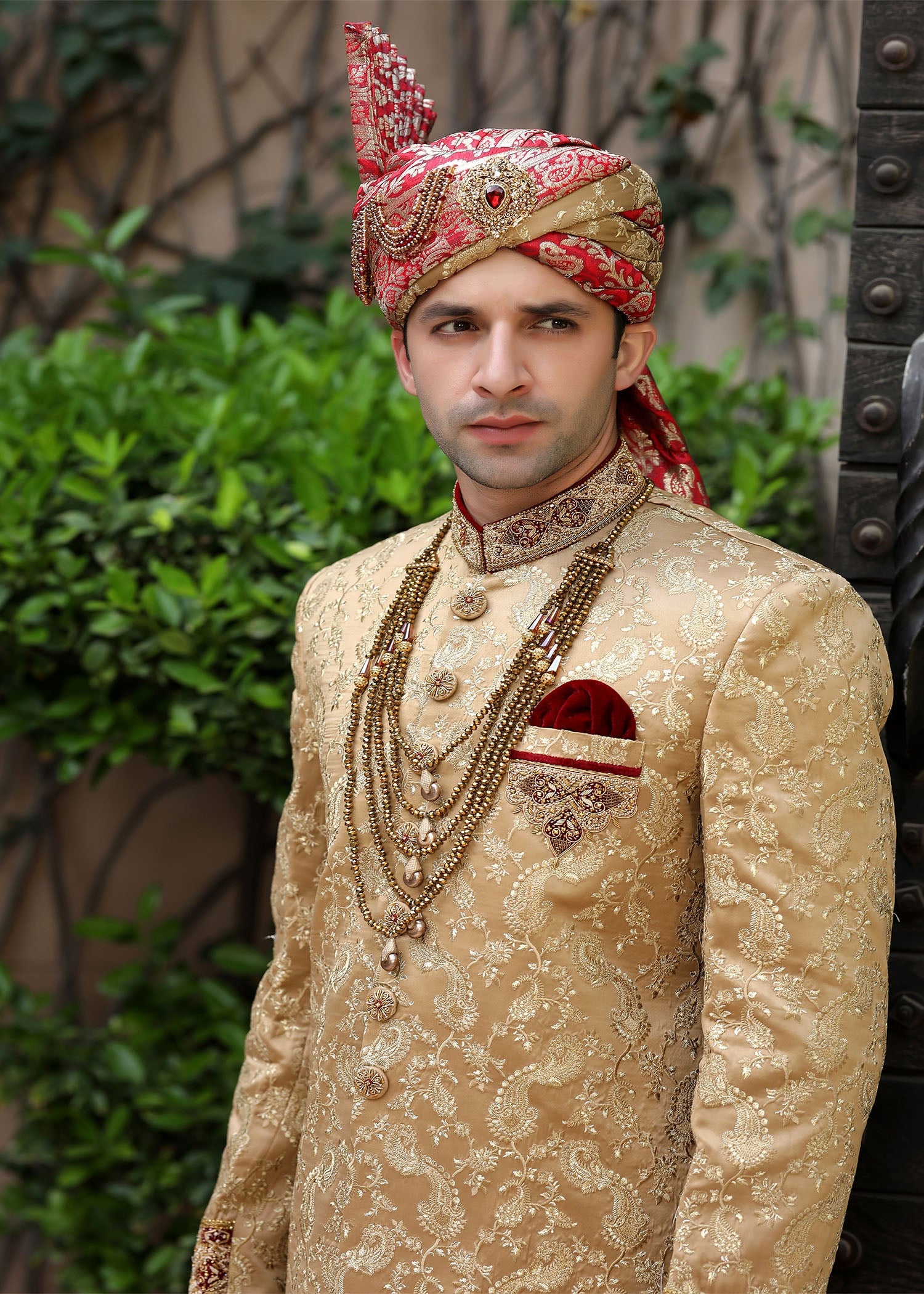 Gold Hand-Embroidered Jamawar Groom Sherwani (4-Piece) - Image 4
