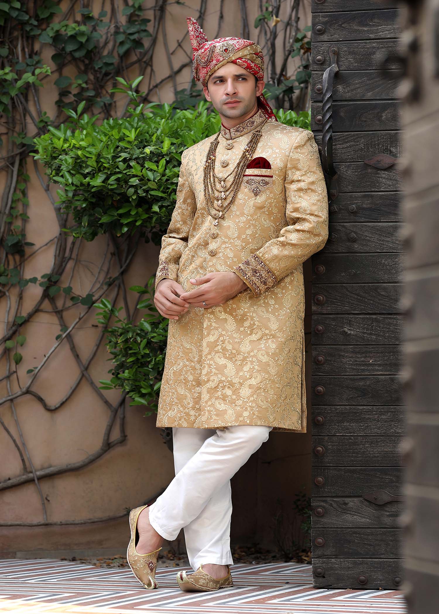 Gold Hand-Embroidered Jamawar Groom Sherwani (4-Piece) - Image 5