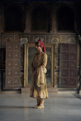 Gold Woven Booti Matka Silk Angrakha Sherwani (3-Piece) - Image 4