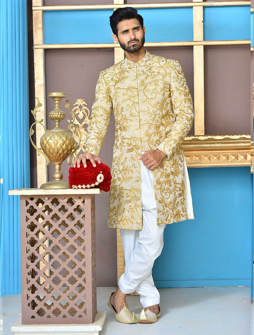 Gold and Copper Embroidered Brocade Sherwani (3-Piece) - Image 1