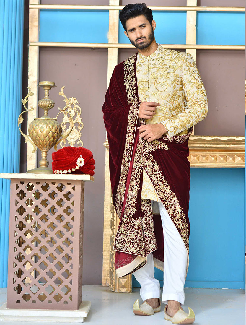 Gold and Copper Embroidered Brocade Sherwani (3-Piece) - Image 2