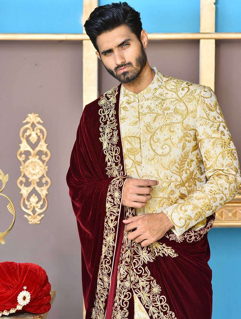 Gold and Copper Embroidered Brocade Sherwani (3-Piece) - Image 3