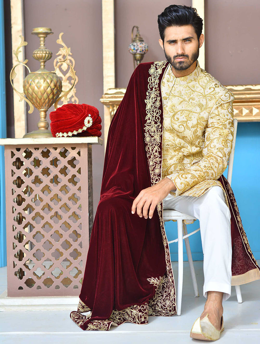 Gold and Copper Embroidered Brocade Sherwani (3-Piece) - Image 4