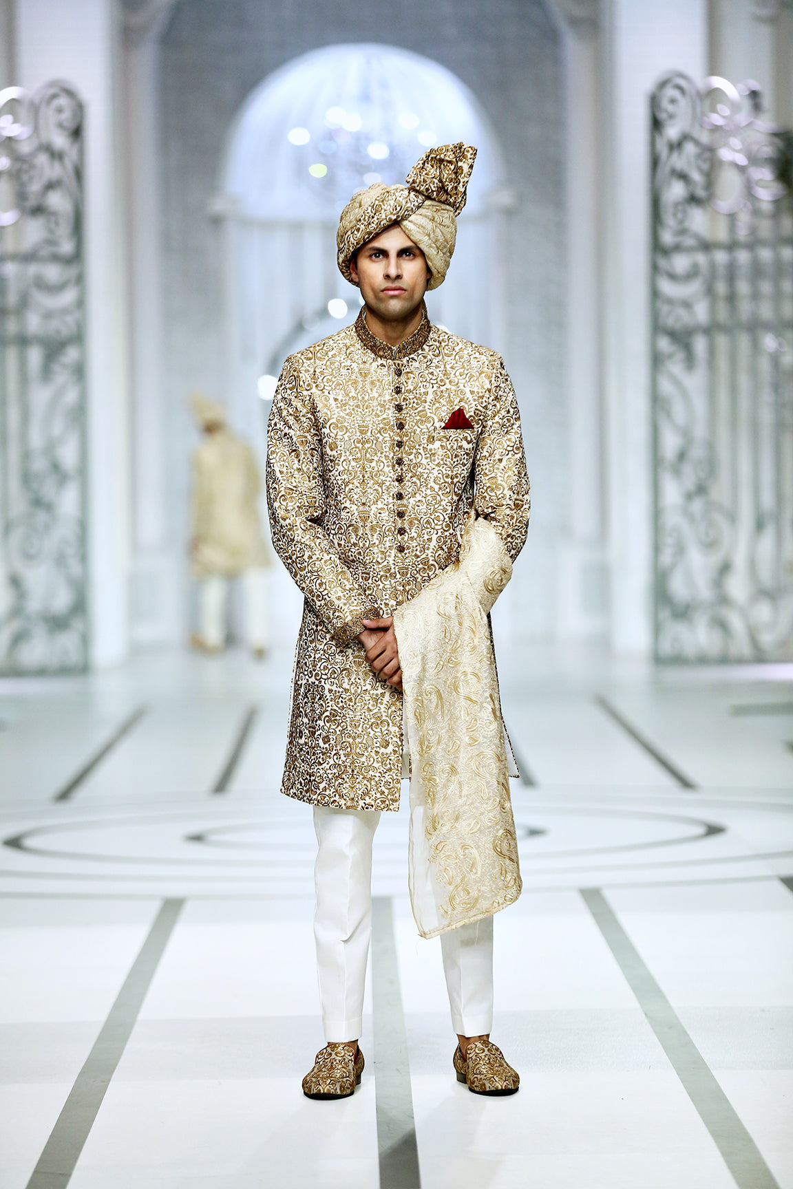Copper Gold Embroidered Brocade Sherwani (5-Piece) - Image 1