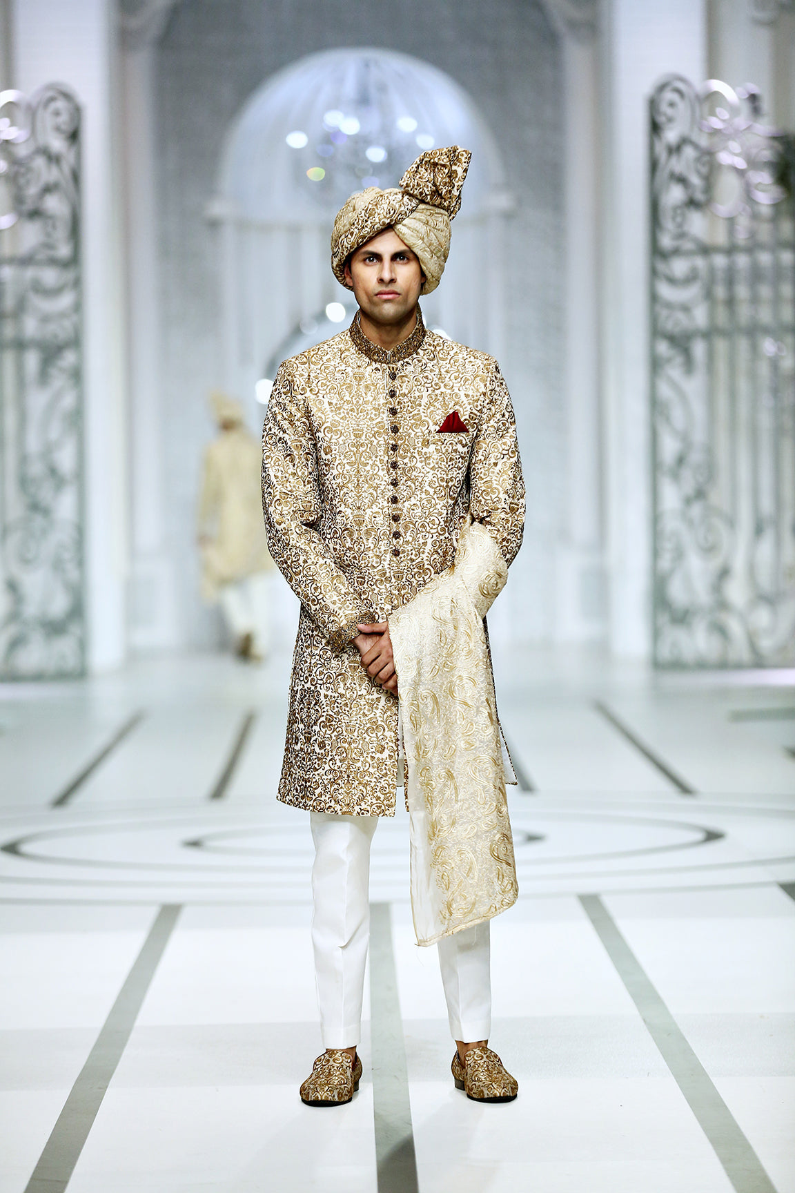 Copper Gold Embroidered Brocade Sherwani (5-Piece) - Image 2
