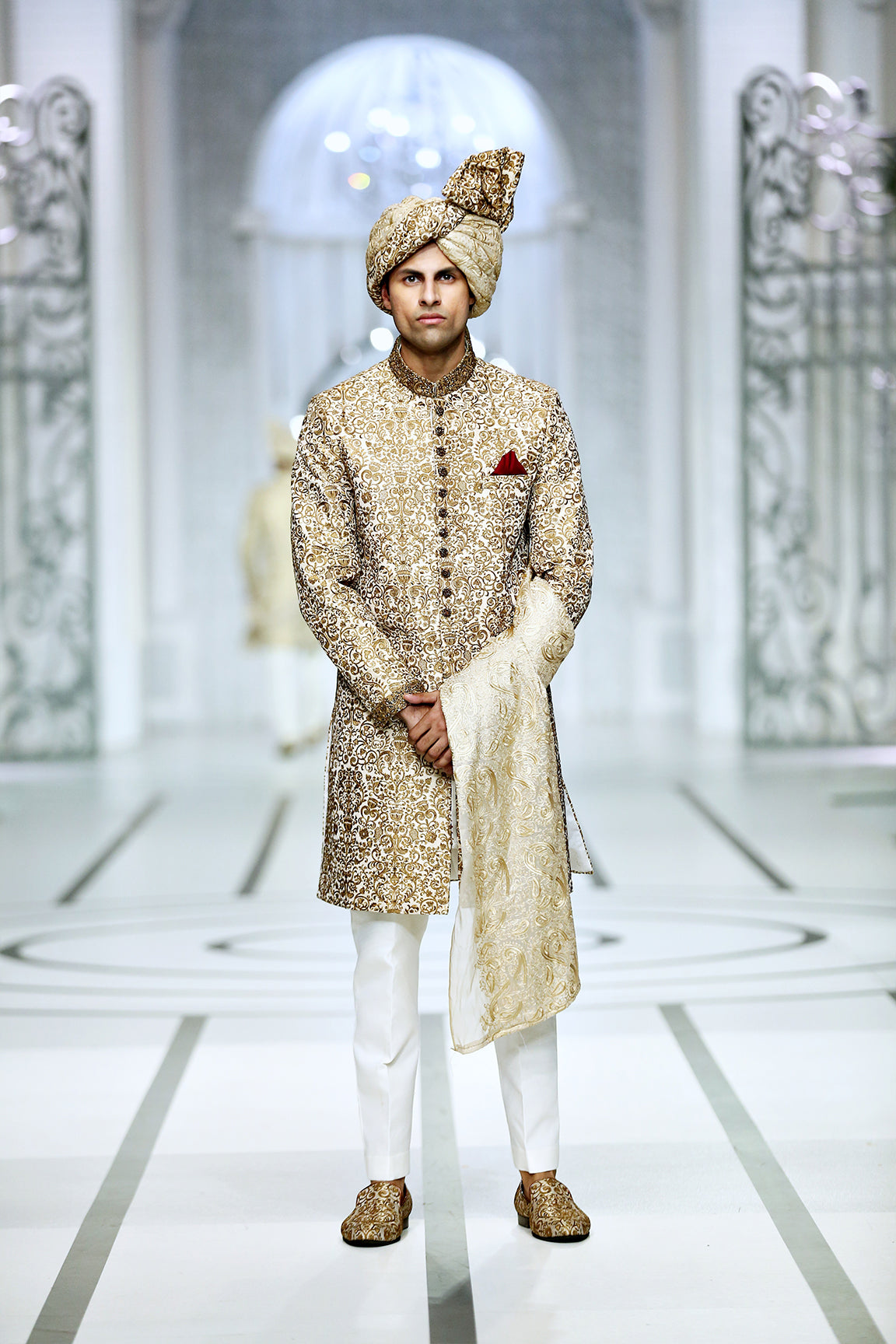 Copper Gold Embroidered Brocade Sherwani (5-Piece) - Image 3