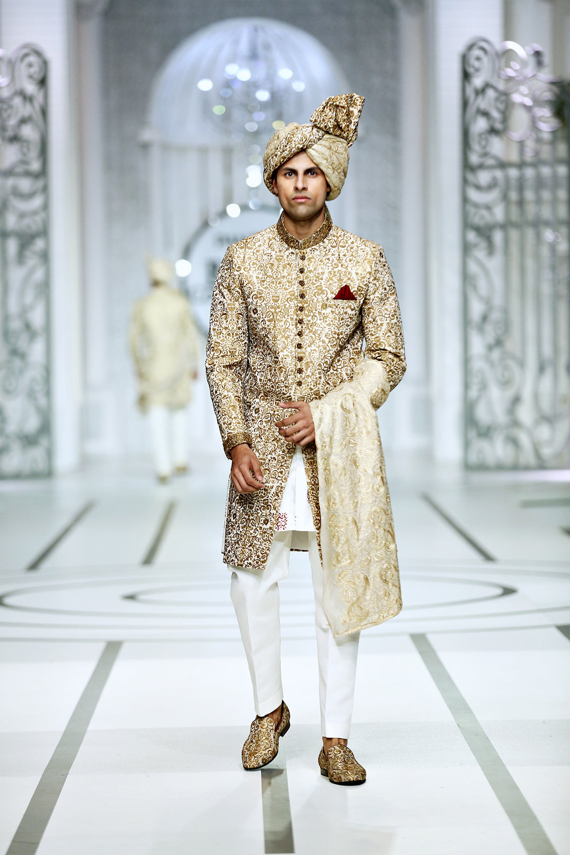 Copper Gold Embroidered Brocade Sherwani (5-Piece) - Image 4