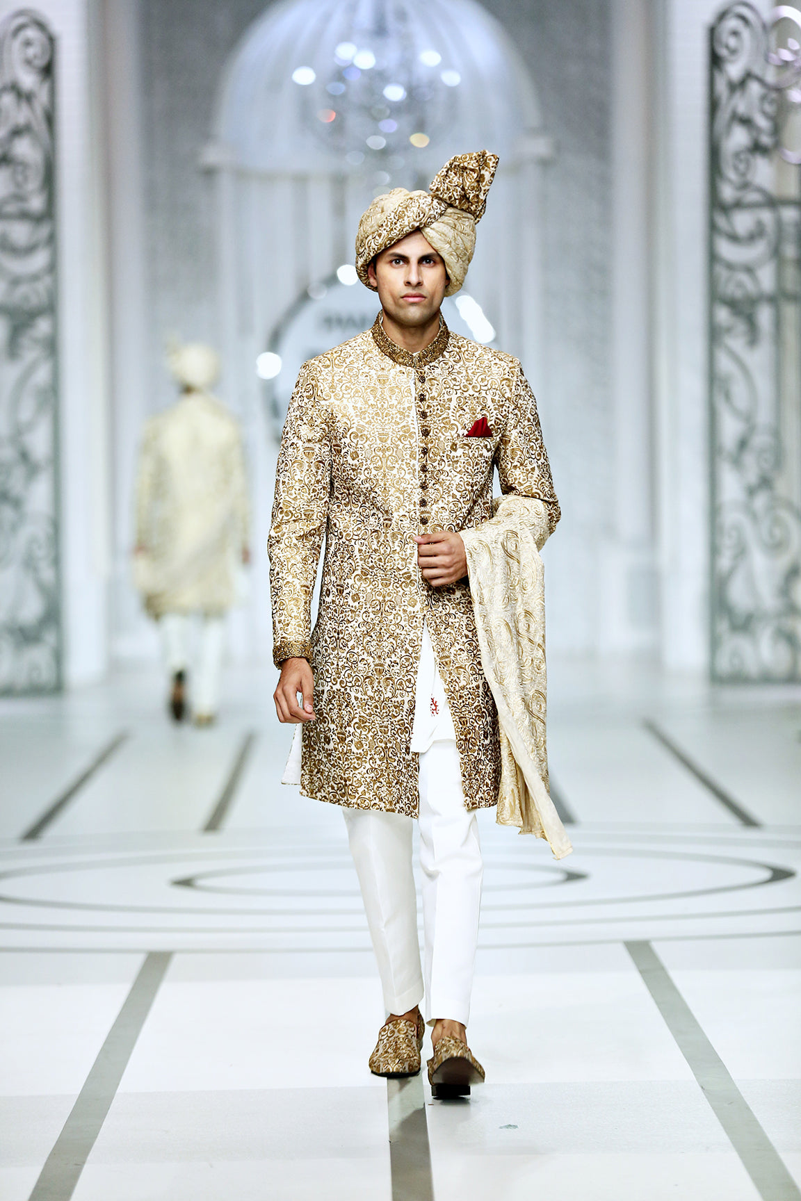 Copper Gold Embroidered Brocade Sherwani (5-Piece) - Image 5