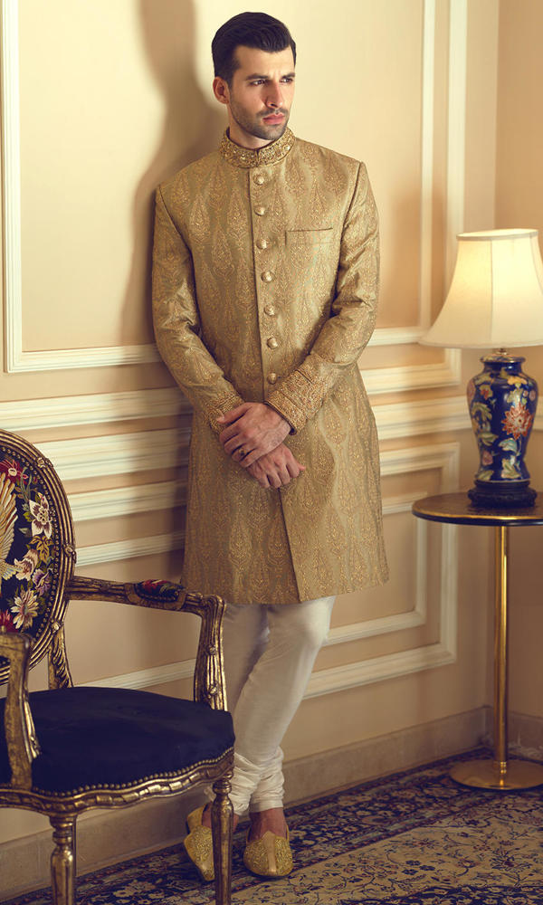 Gold Embroidered Metallic Brocade Sherwani (2-Piece) - Image 2