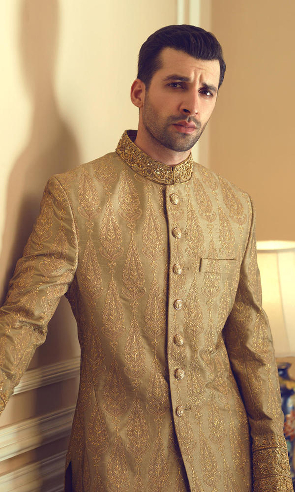 Gold Embroidered Metallic Brocade Sherwani (2-Piece) - Image 3