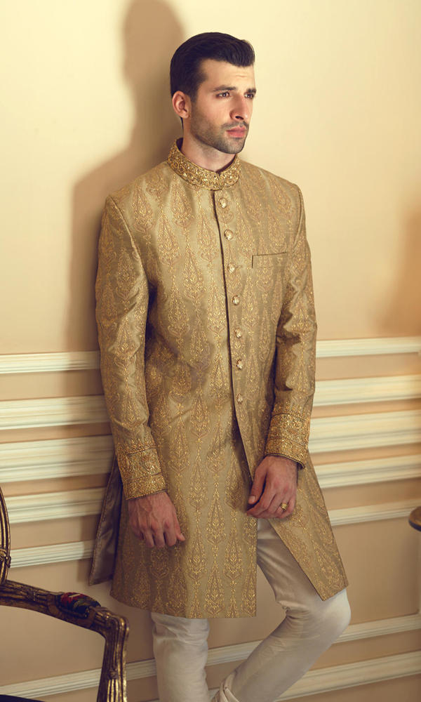 Gold Embroidered Metallic Brocade Sherwani (2-Piece) - Image 4