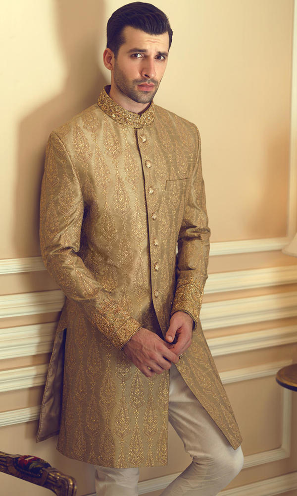 Gold Embroidered Metallic Brocade Sherwani (2-Piece) - Image 5