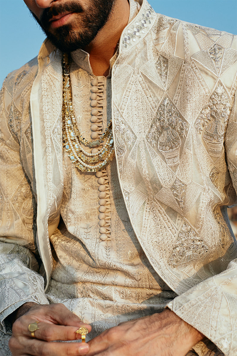 Silver Gold Embroidered Organza Groom Sherwani (3-Piece) - Image 1