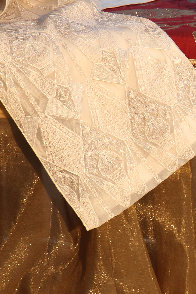 Silver Gold Embroidered Organza Groom Sherwani (3-Piece) - Image 7