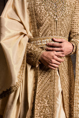 Gold Antique Embroidered Raw Silk Sherwani (3-Piece) - Image 3