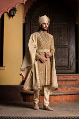 Gold Antique Embroidered Raw Silk Sherwani (3-Piece) - Image 4