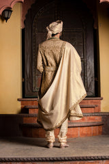 Gold Antique Embroidered Raw Silk Sherwani (3-Piece) - Image 5