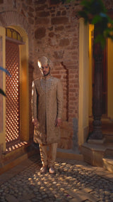 Gold Antique Embroidered Raw Silk Sherwani (3-Piece) - Image 6