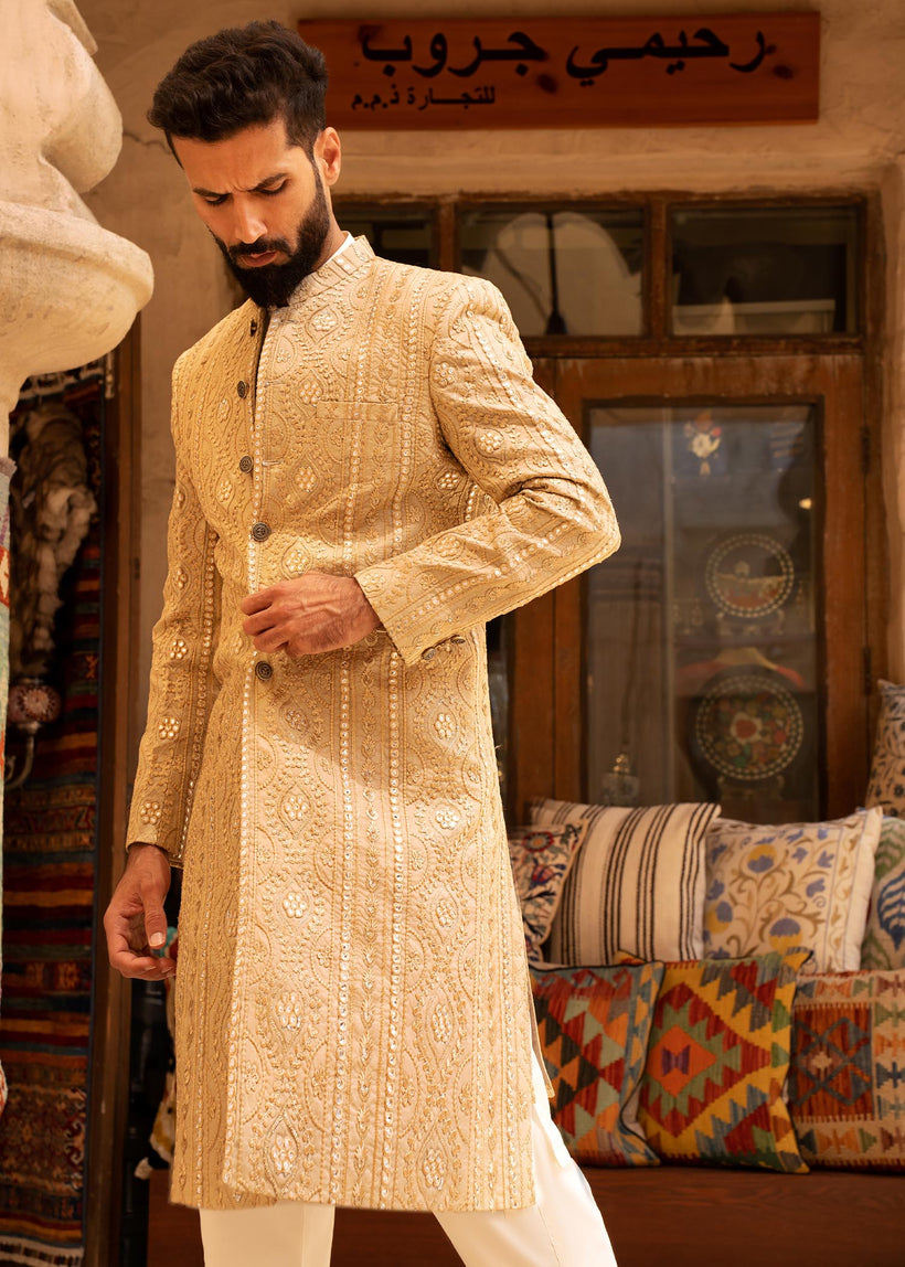 Antique Gold Foil-Embroidered Raw Silk Sherwani (2-Piece) - Image 2