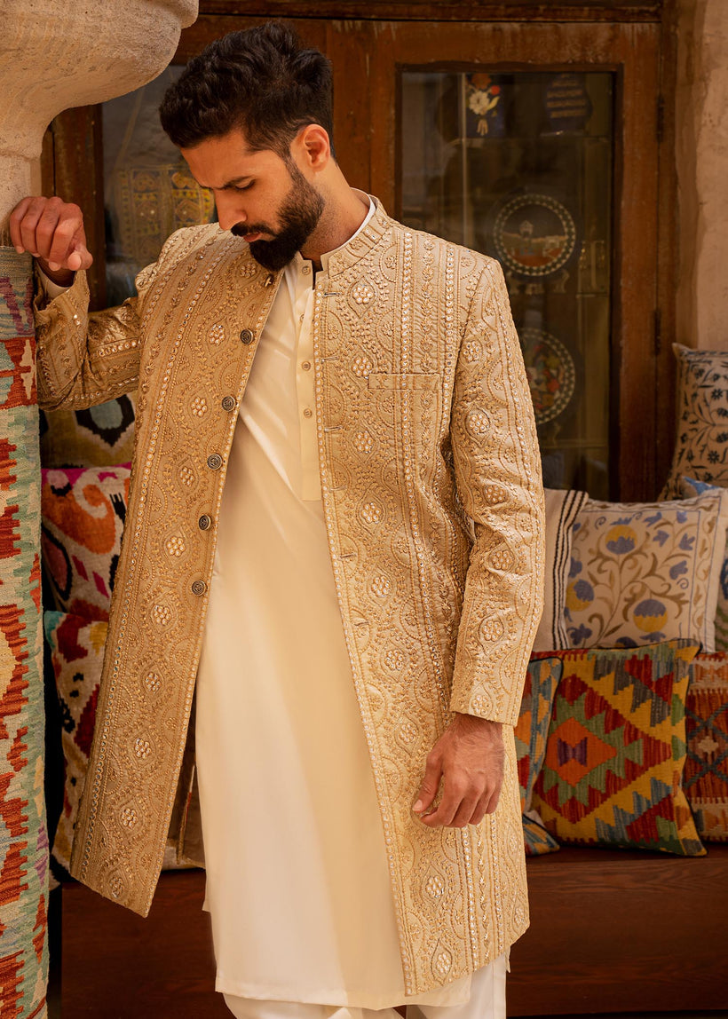 Antique Gold Foil-Embroidered Raw Silk Sherwani (2-Piece) - Image 3