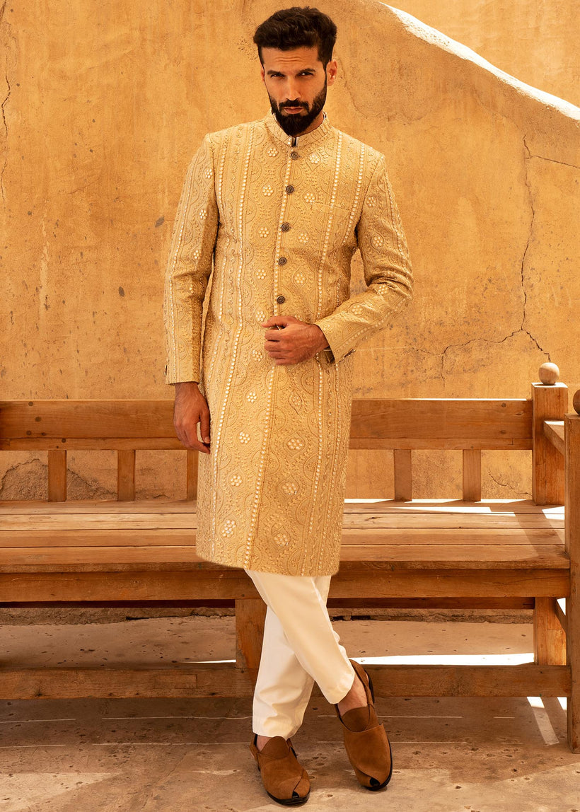 Antique Gold Foil-Embroidered Raw Silk Sherwani (2-Piece) - Image 4
