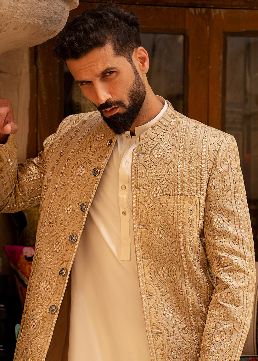 Antique Gold Foil-Embroidered Raw Silk Sherwani (2-Piece) - Image 5