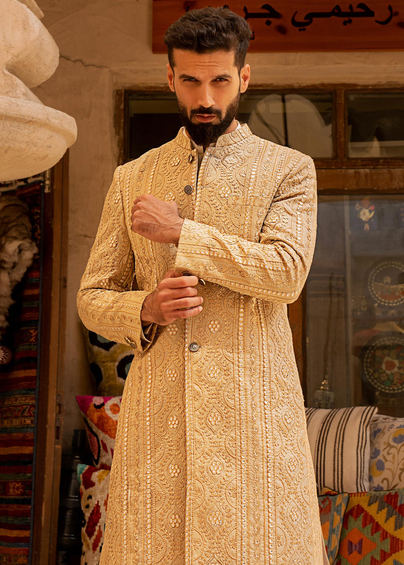 Antique Gold Foil-Embroidered Raw Silk Sherwani (2-Piece) - Image 6