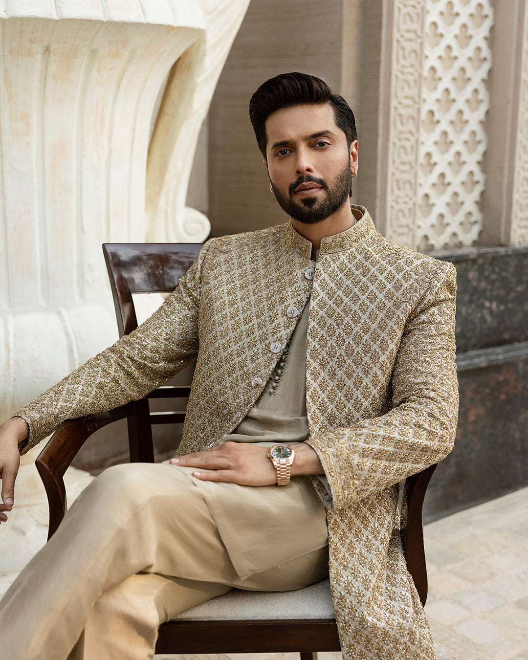Gold Embellished Korean Raw Silk Sherwani (4-Piece) - Image 3