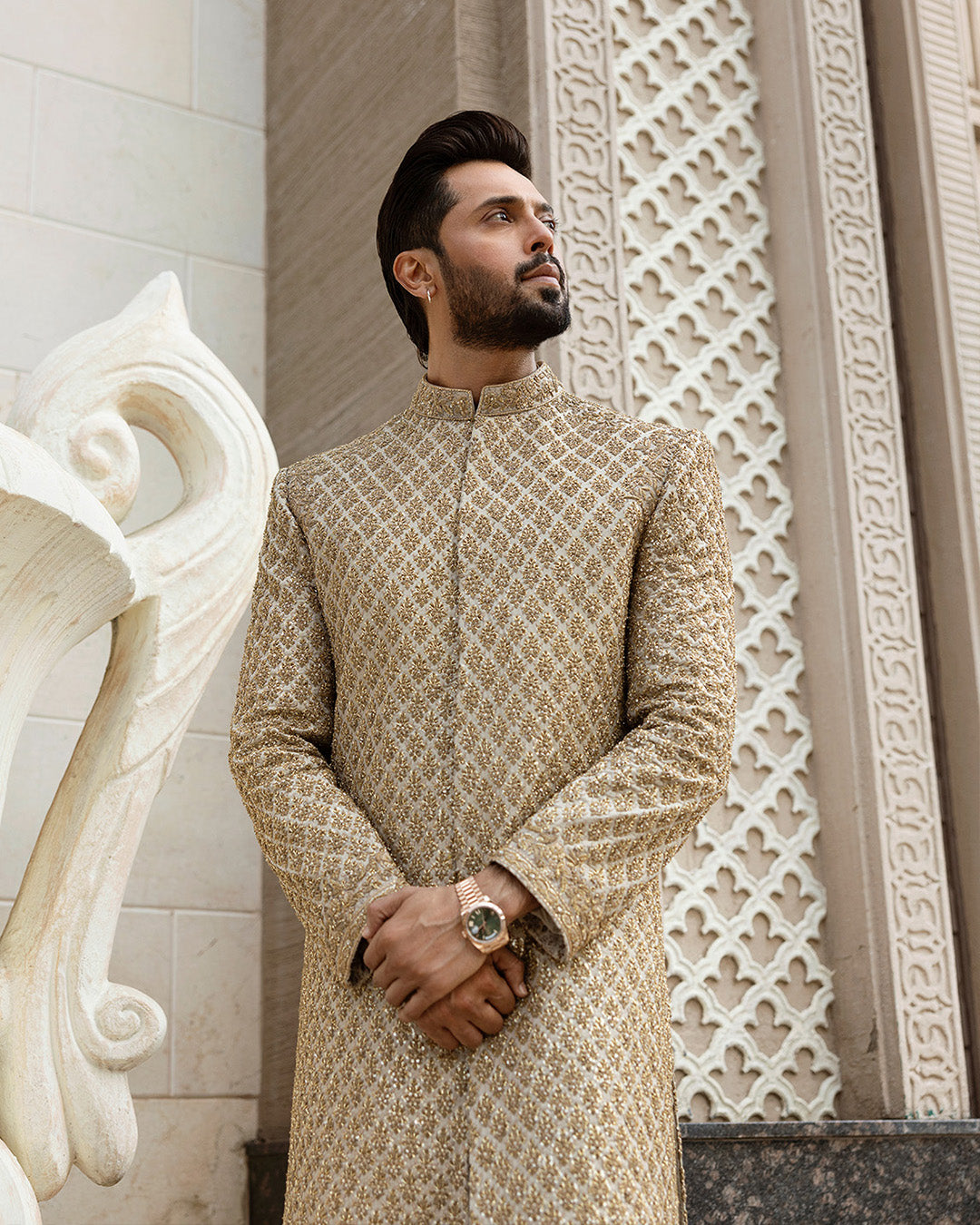 Gold Embellished Korean Raw Silk Sherwani (4-Piece) - Image 4