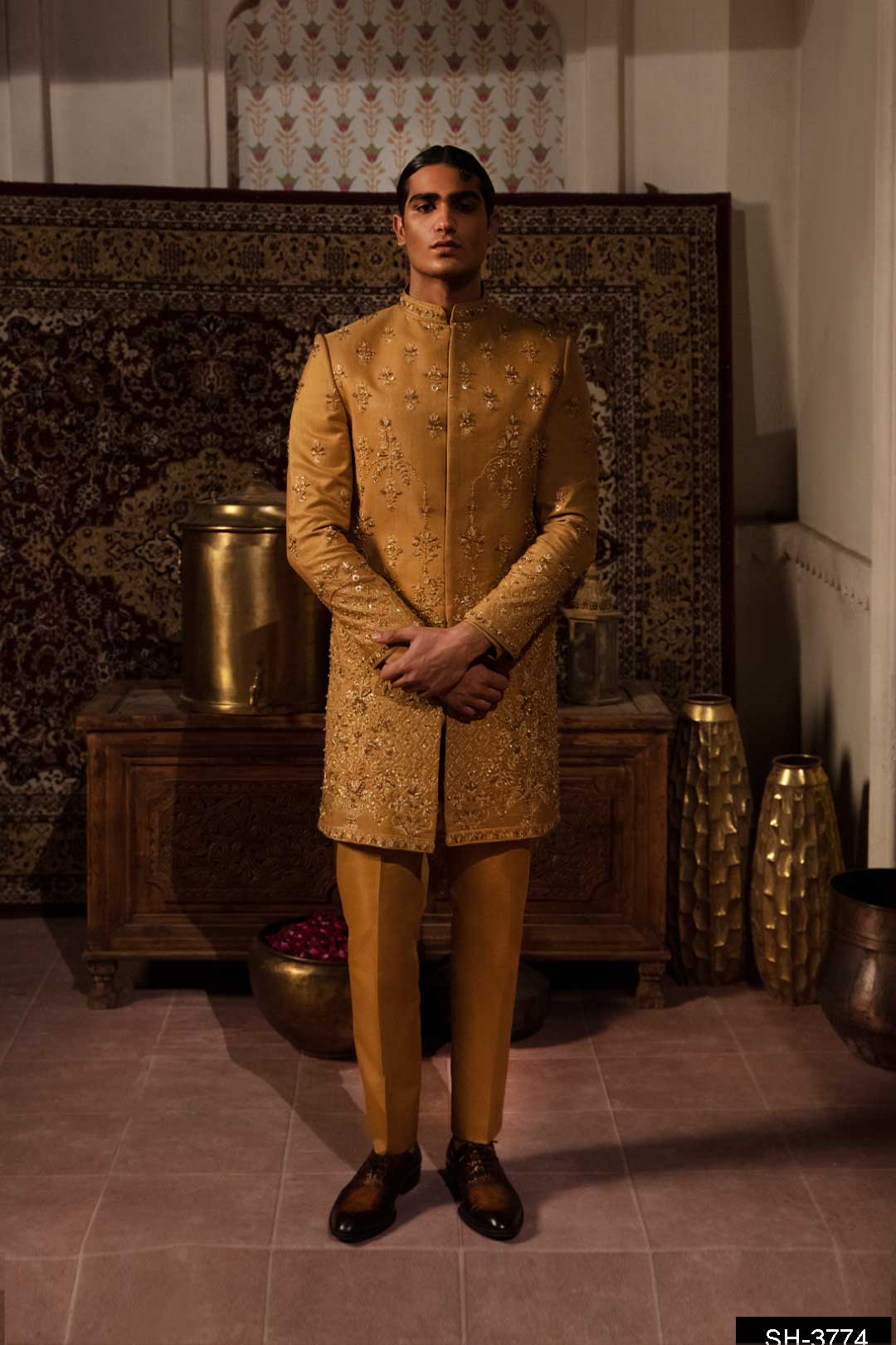 Gold Embroidered Raw Silk Groom Sherwani (3-Piece) - Image 1