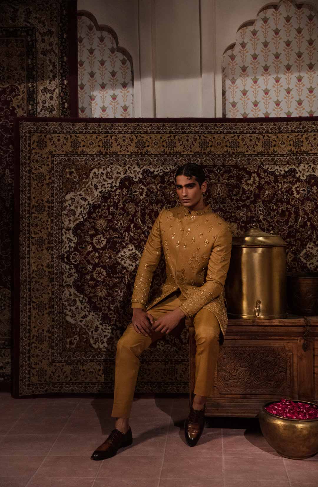 Gold Embroidered Raw Silk Groom Sherwani (3-Piece) - Image 2