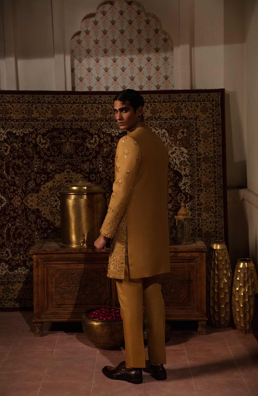 Gold Embroidered Raw Silk Groom Sherwani (3-Piece) - Image 3