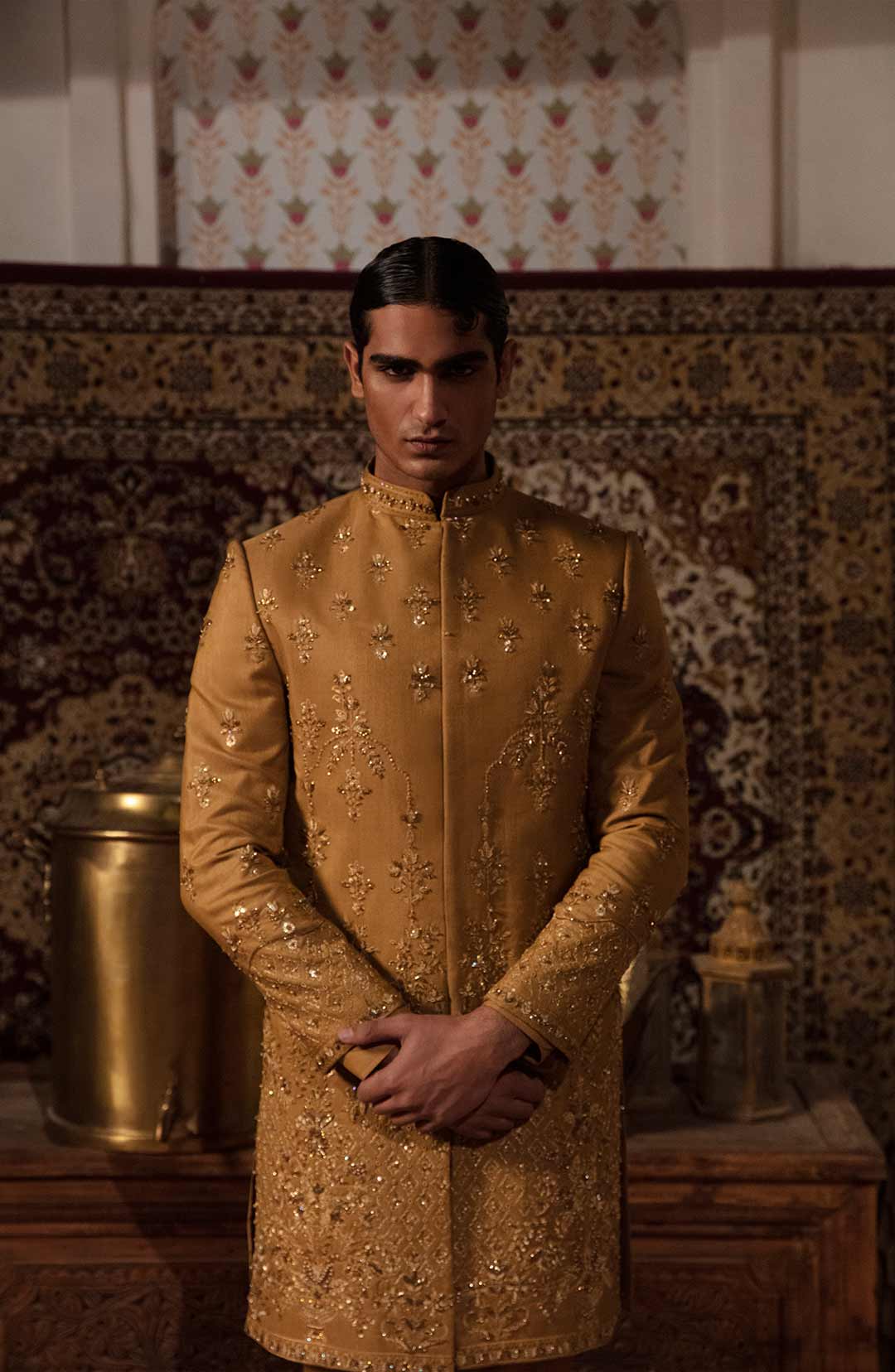 Gold Embroidered Raw Silk Groom Sherwani (3-Piece) - Image 4