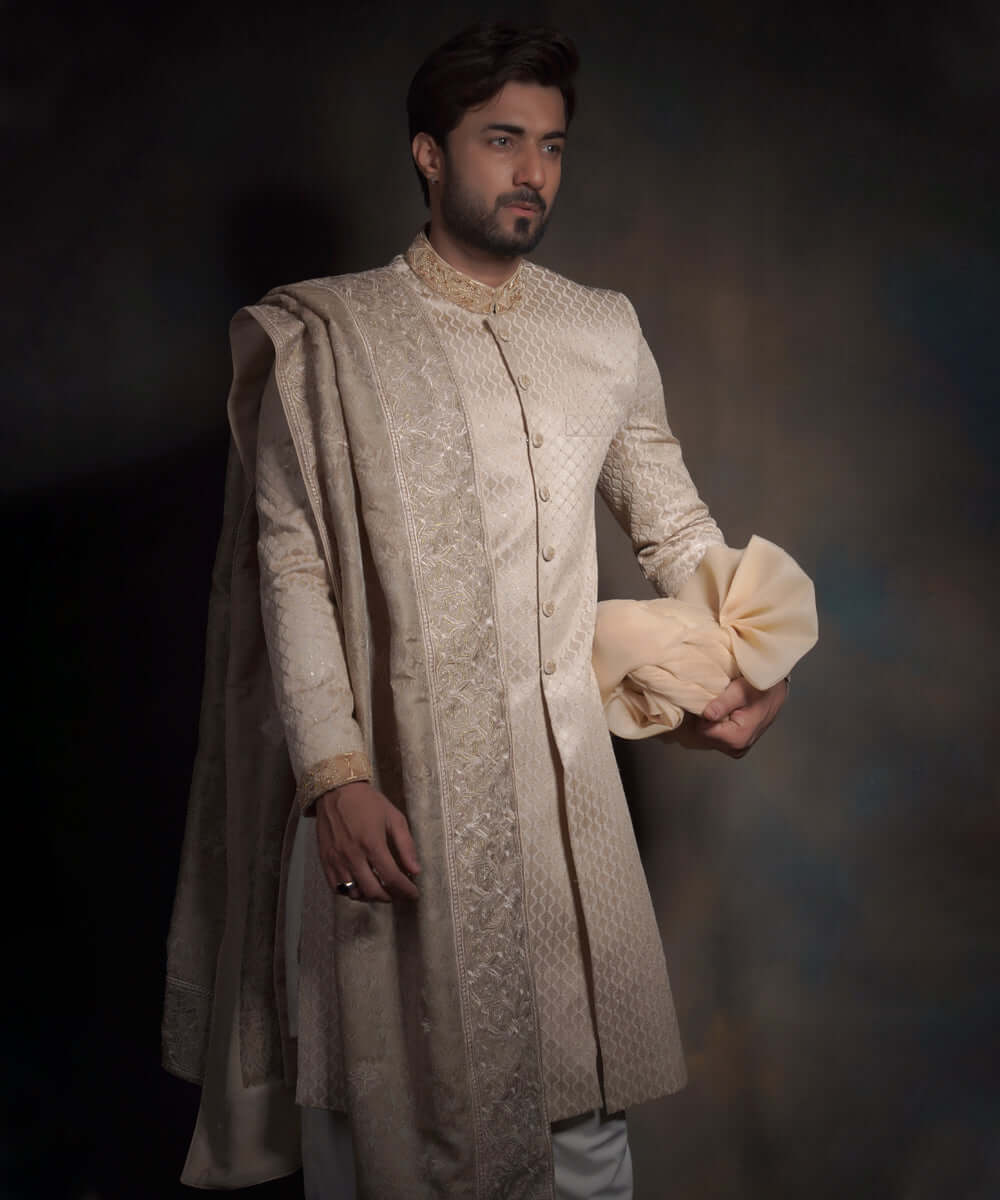 Gold Zardozi Raw Silk Sherwani (3-Piece) - Image 1