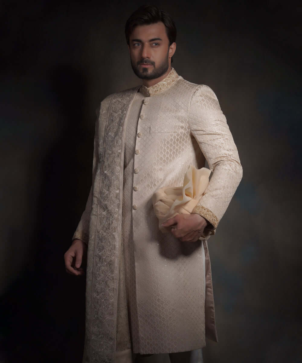 Gold Zardozi Raw Silk Sherwani (3-Piece) - Image 3