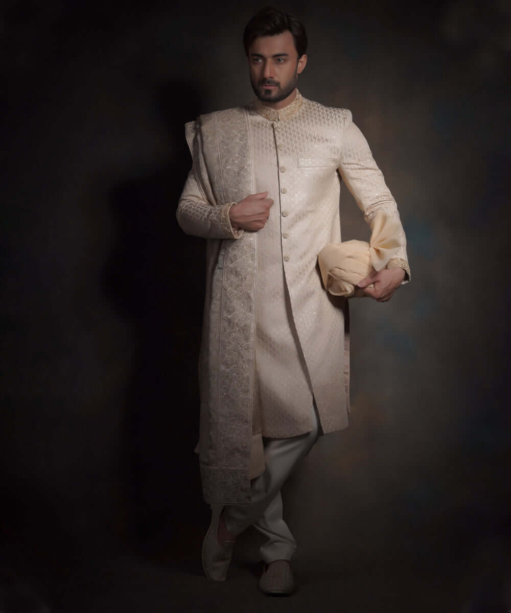 Gold Zardozi Raw Silk Sherwani (3-Piece) - Image 5