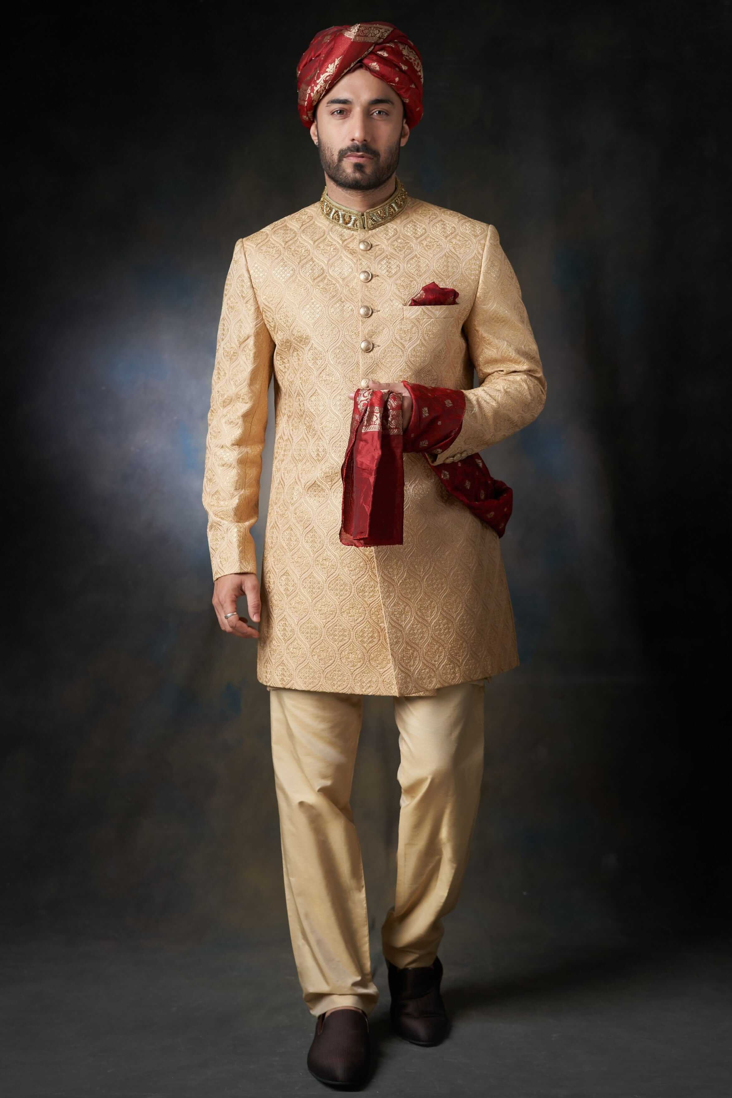 Gold Embroidered Raw Silk Groom Sherwani (3-Piece) - Image 1