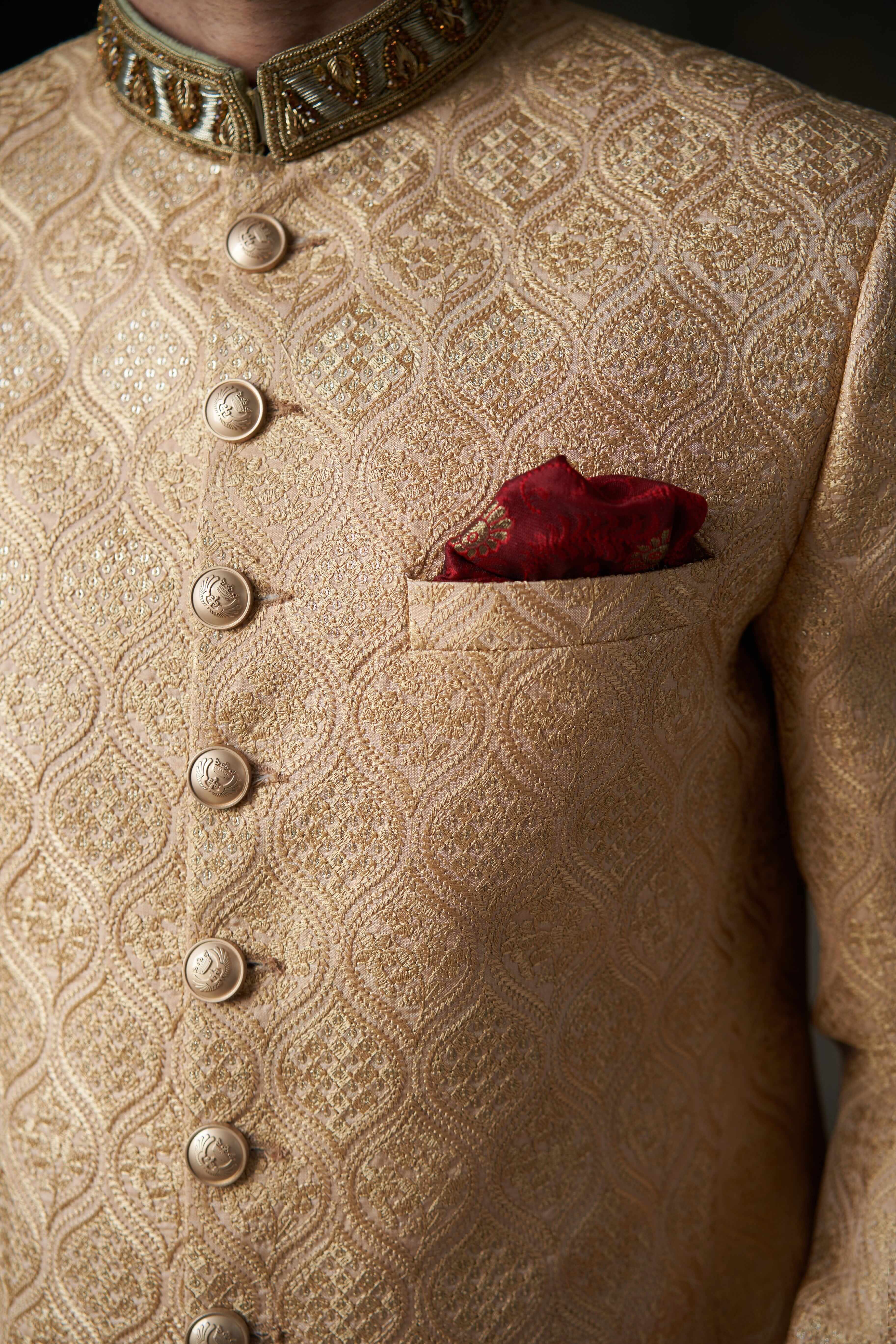 Gold Embroidered Raw Silk Groom Sherwani (3-Piece) - Image 2