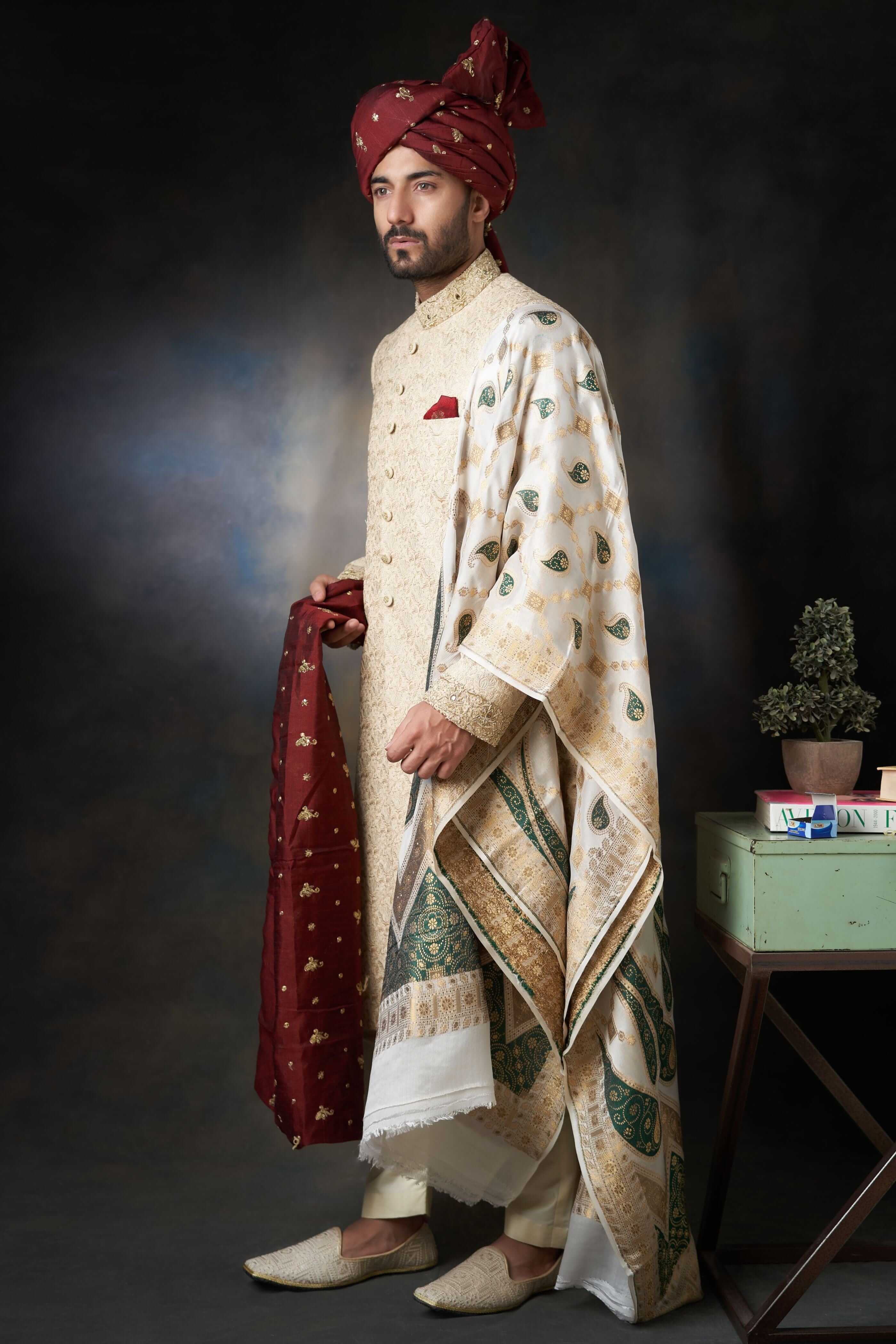Gold Zardozi Embroidered Pure Rawsilk Sherwani (3-Piece) - Image 1