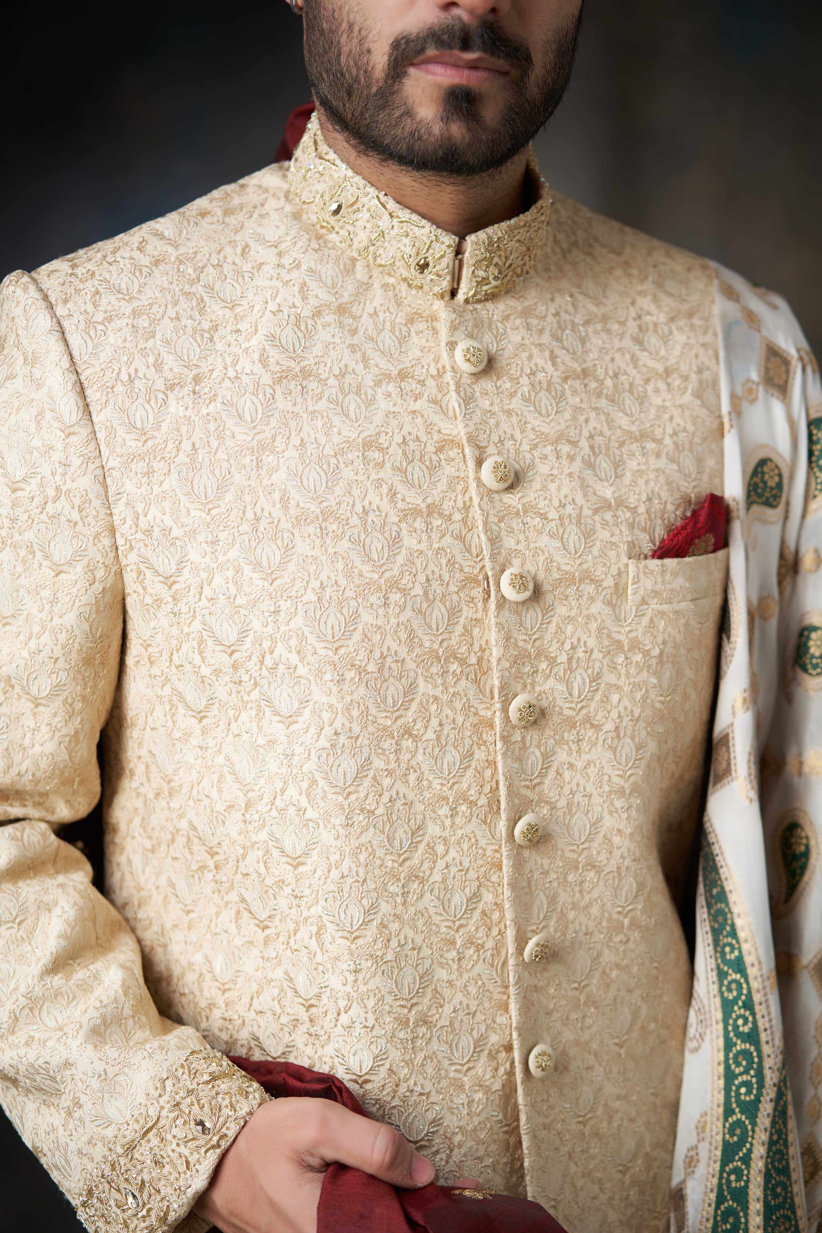 Gold Zardozi Embroidered Pure Rawsilk Sherwani (3-Piece) - Image 2