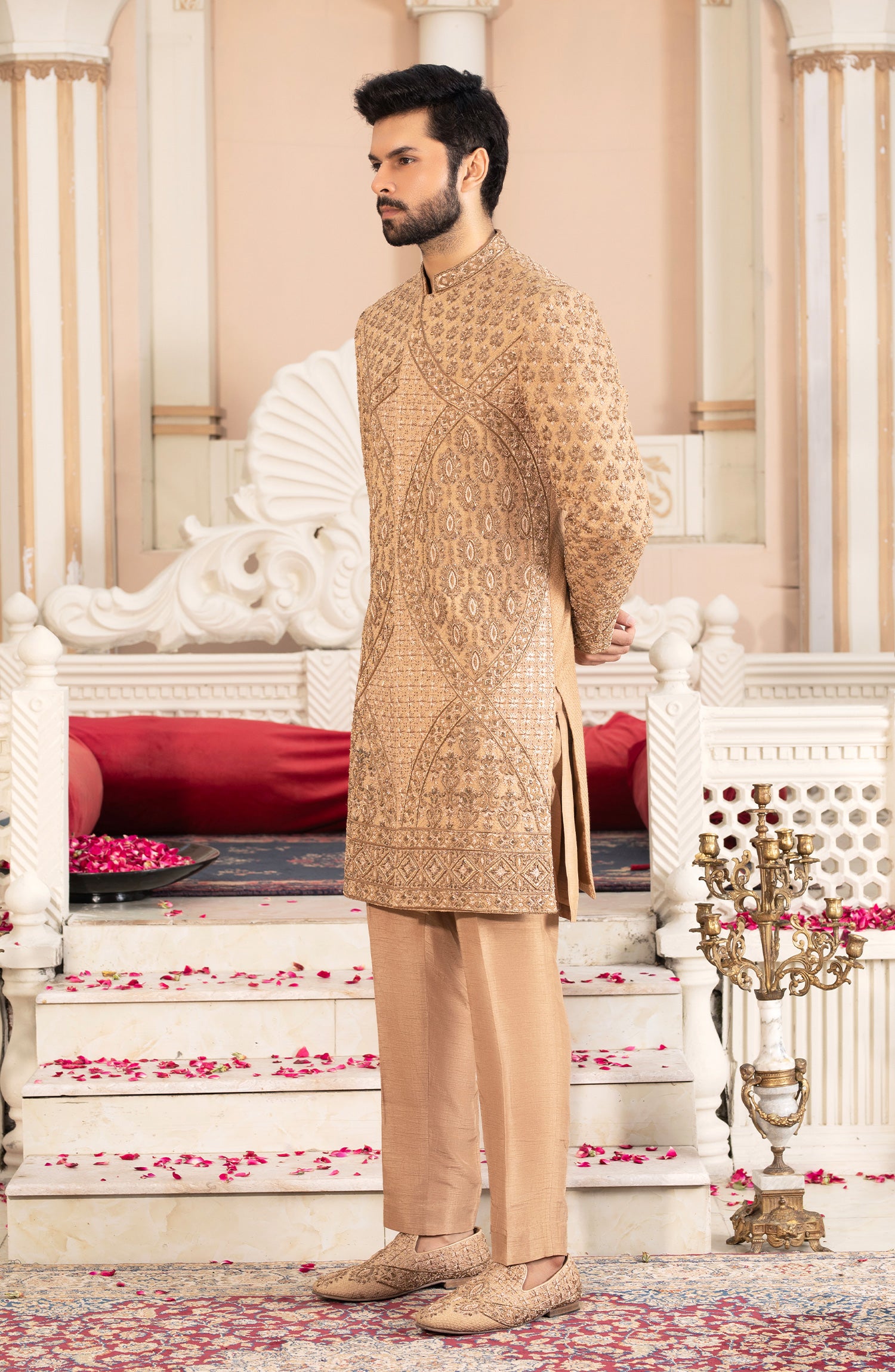 Antique Golden Adaa Work Silk Sherwani (3-Piece) - Image 3