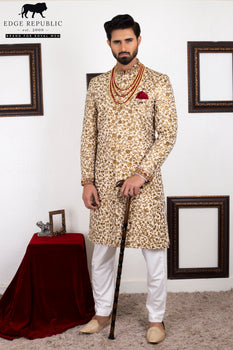 Copper Gold Embroidered Silk-Blend Sherwani (2-Piece) - Image 3