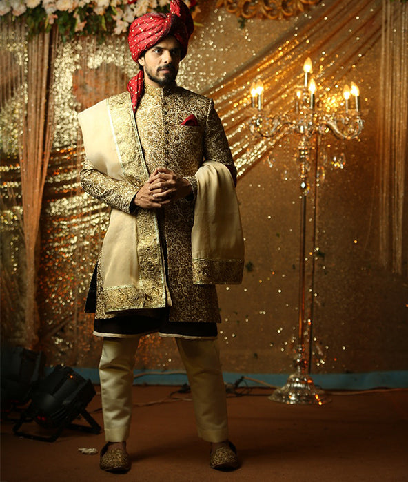 Copper-Gold Embroidered Silk-Blend Groom Sherwani (3-Piece) - Image 1
