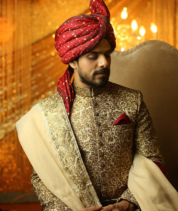 Copper-Gold Embroidered Silk-Blend Groom Sherwani (3-Piece) - Image 2