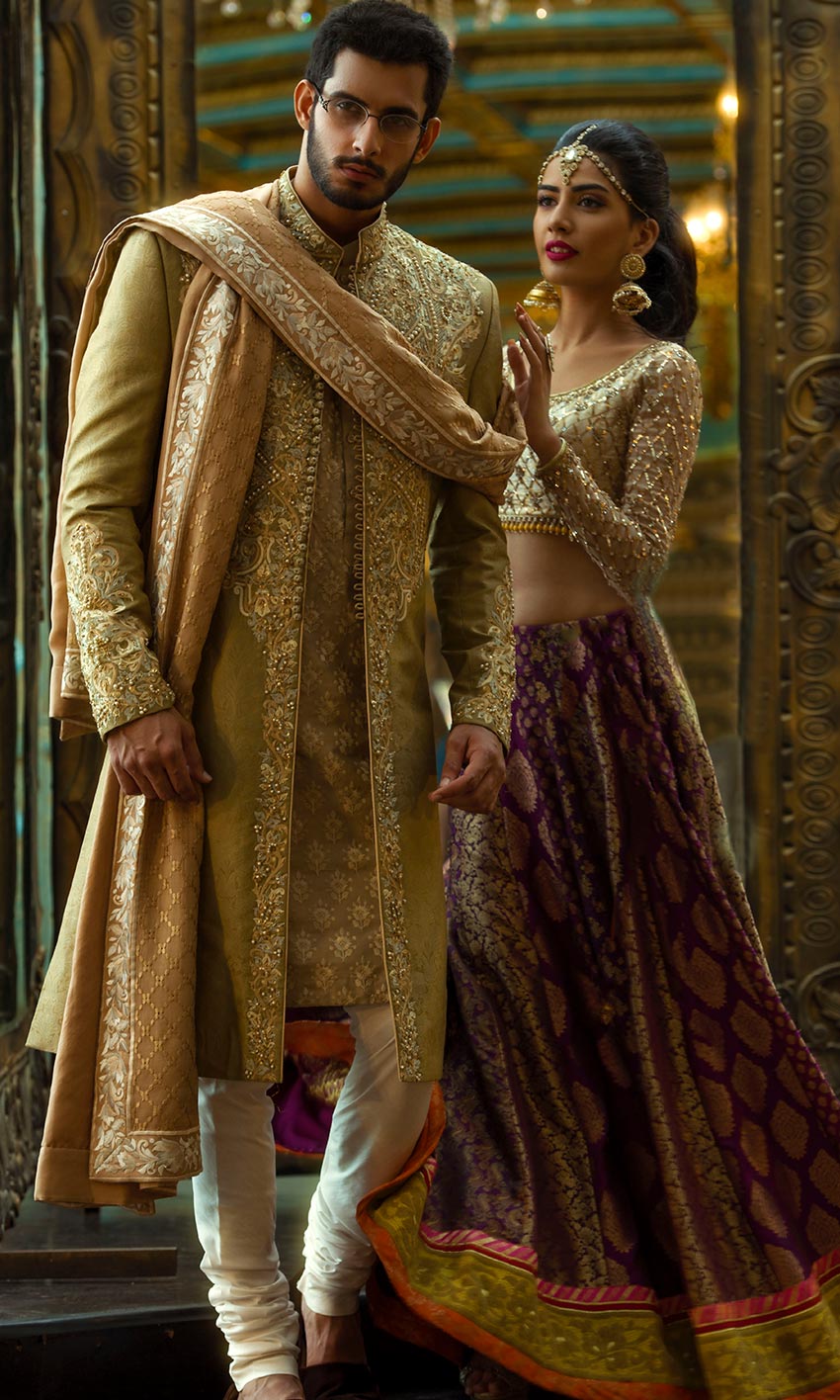 Olive Gold Embroidered Silk-Blend Sherwani (3-Piece) - Image 1