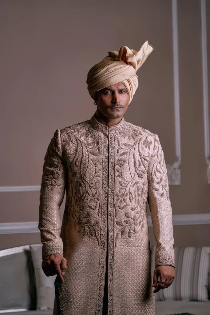 Flaxen Gold Hand-Embroidered Silk-Blend Sherwani (2-Piece) - Image 1