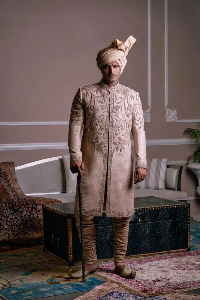 Flaxen Gold Hand-Embroidered Silk-Blend Sherwani (2-Piece) - Image 2