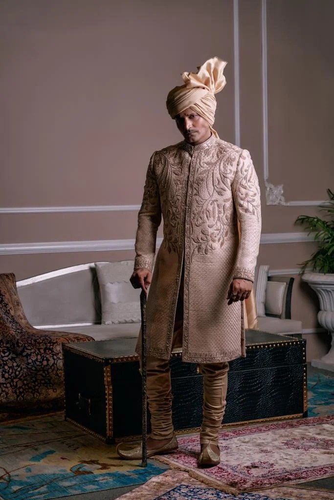 Flaxen Gold Hand-Embroidered Silk-Blend Sherwani (2-Piece) - Image 3